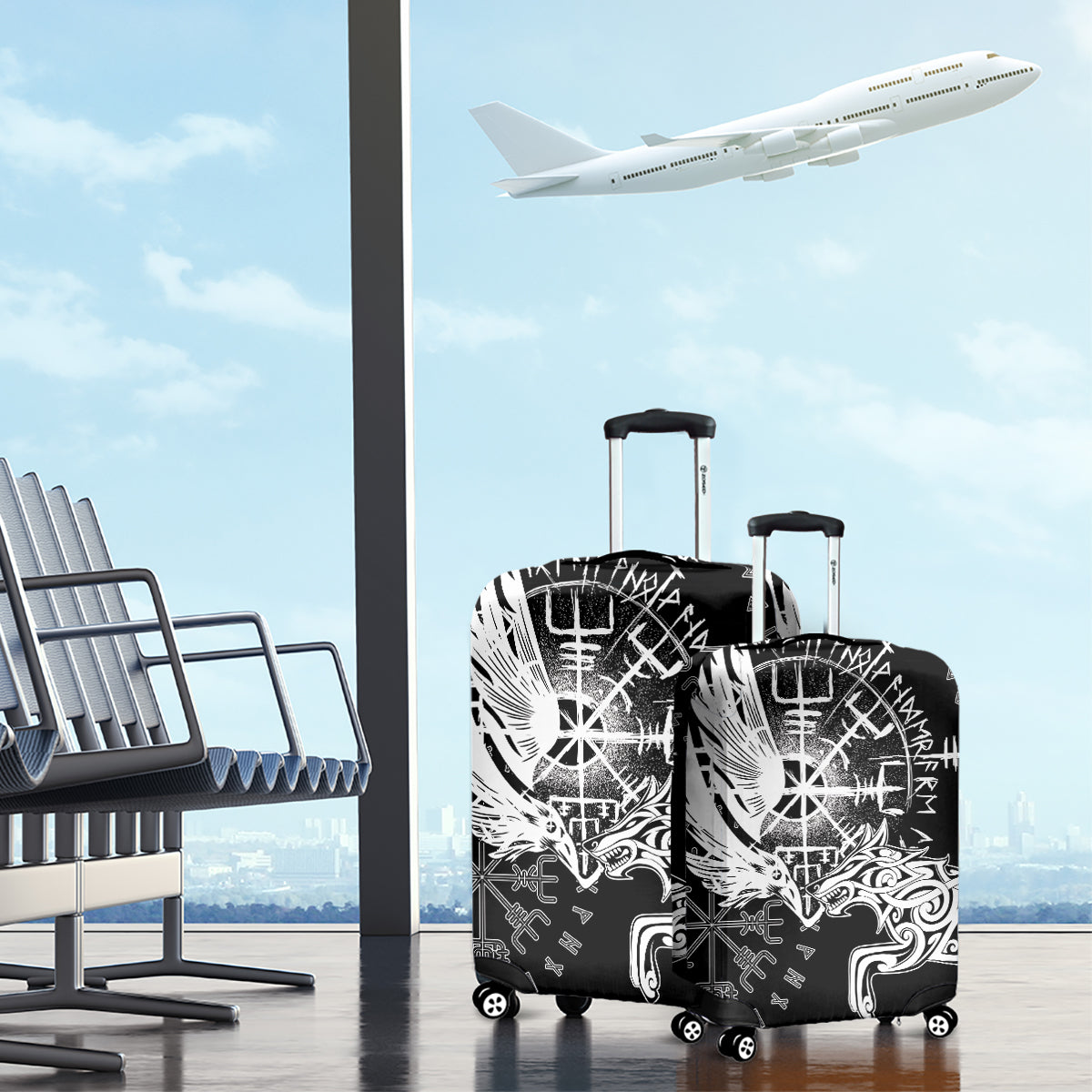 Vikings Raven and Wolf Luggage Cover with Aegishjalmur Unique - Wonder Print Shop