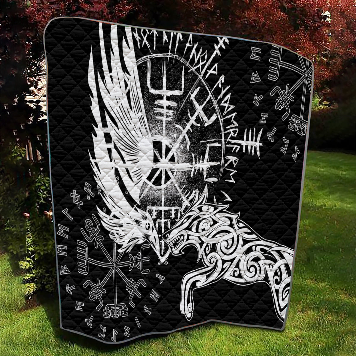 Vikings Raven and Wolf Quilt with Aegishjalmur Unique - Wonder Print Shop