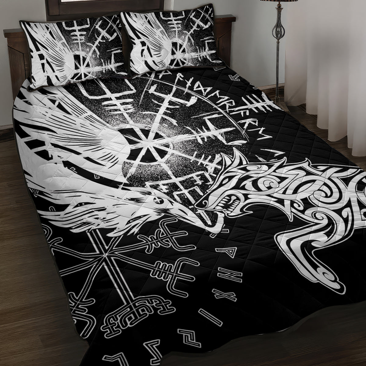 Vikings Raven and Wolf Quilt Bed Set with Aegishjalmur Unique