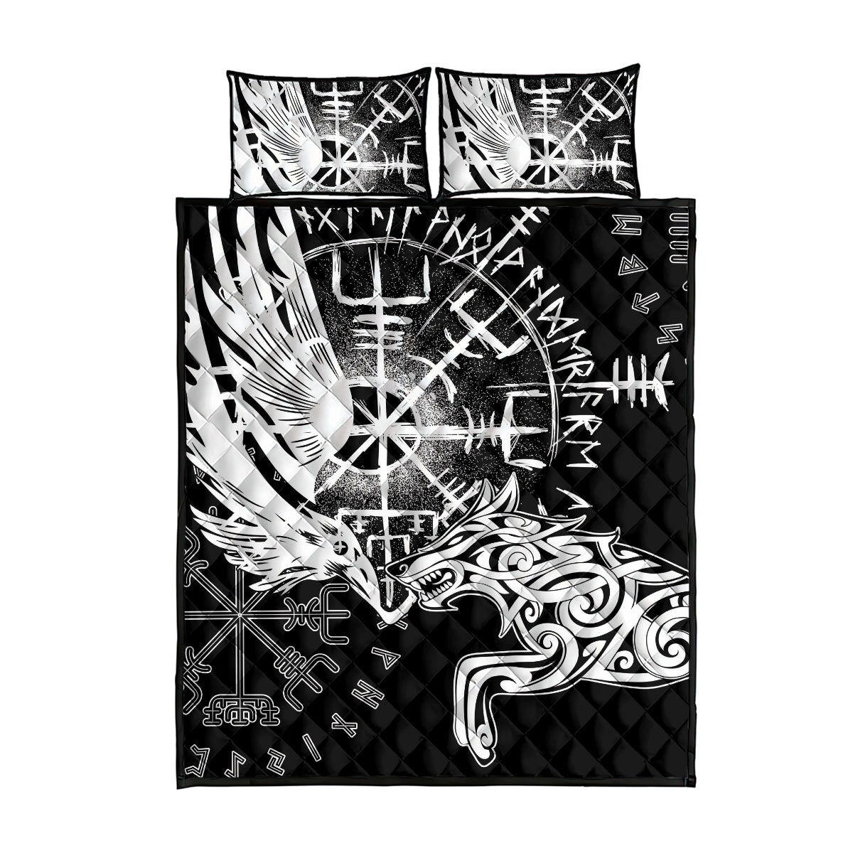 Vikings Raven and Wolf Quilt Bed Set with Aegishjalmur Unique - Wonder Print Shop