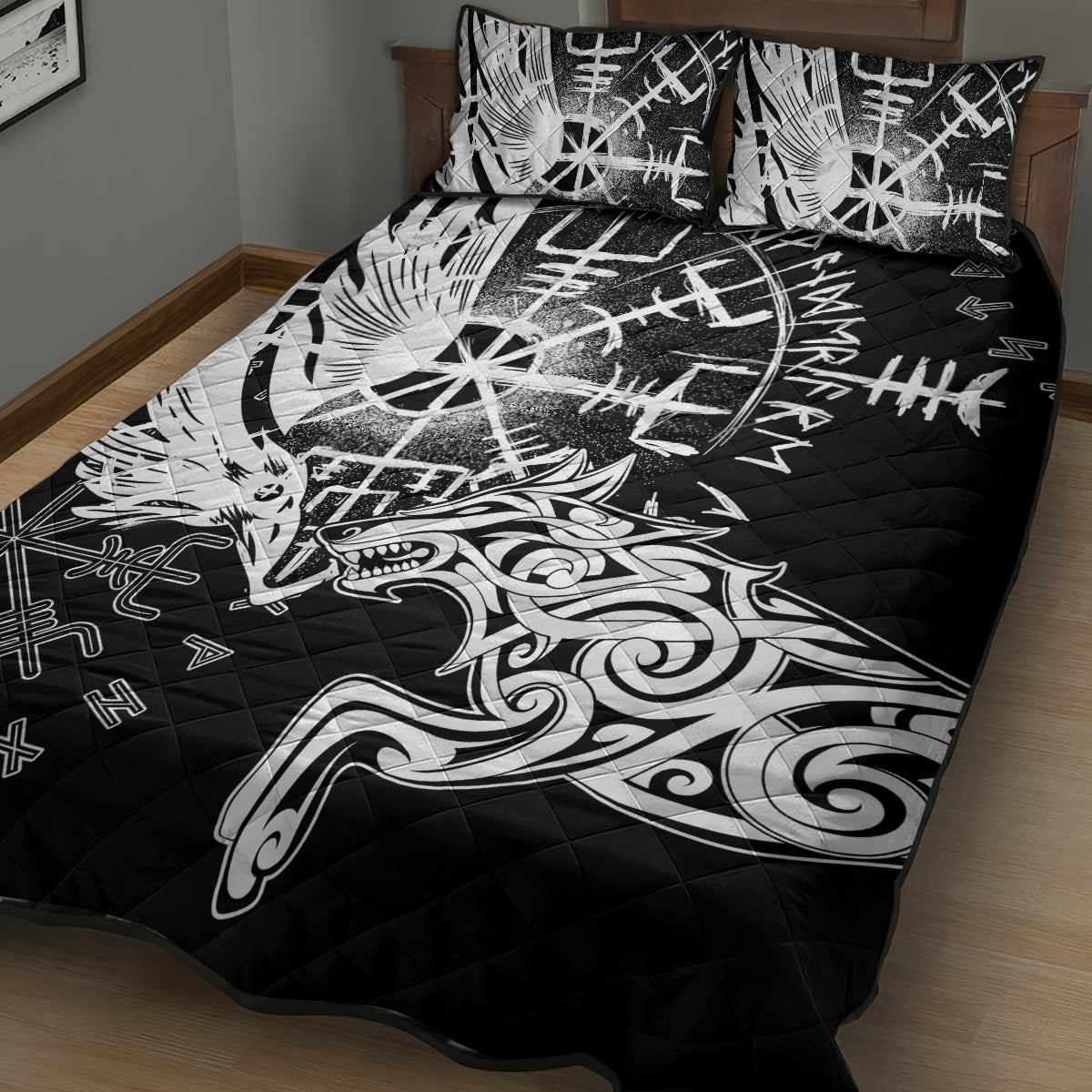 Vikings Raven and Wolf Quilt Bed Set with Aegishjalmur Unique - Wonder Print Shop