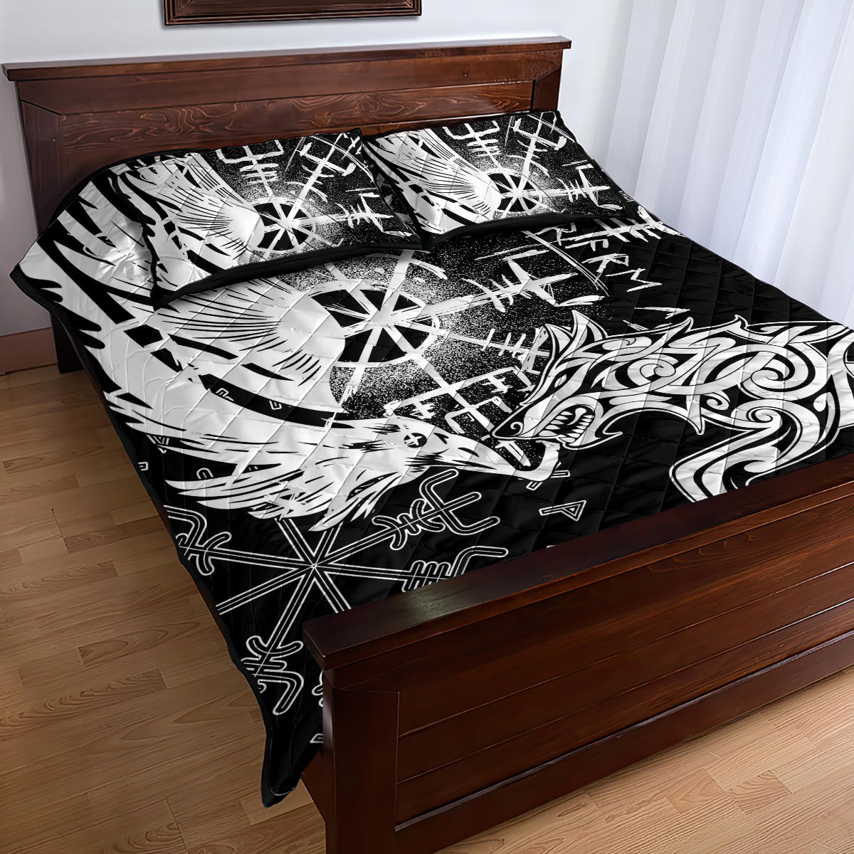 Vikings Raven and Wolf Quilt Bed Set with Aegishjalmur Unique - Wonder Print Shop