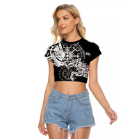 Vikings Raven and Wolf Raglan Cropped T Shirt with Aegishjalmur Unique - Wonder Print Shop