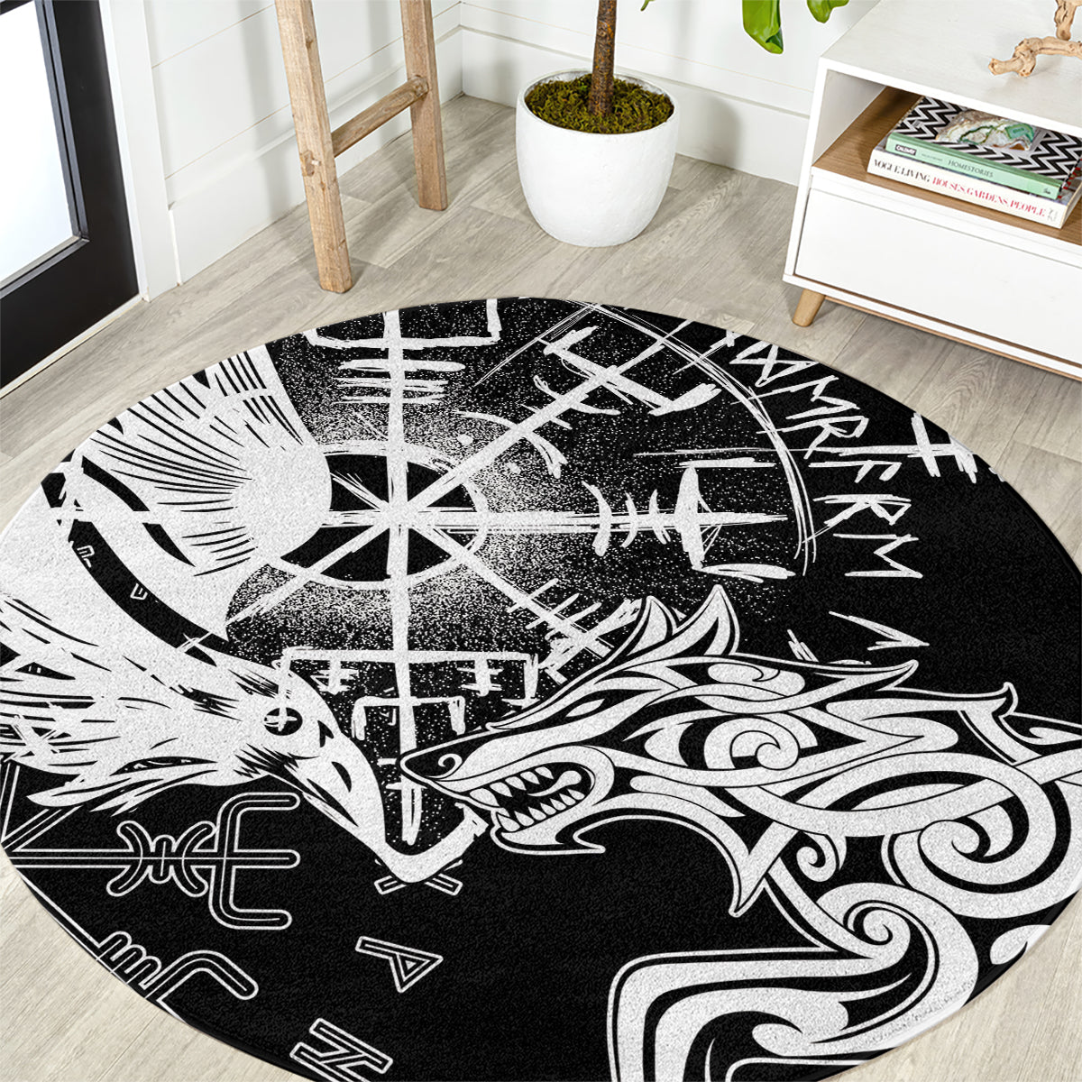Vikings Raven and Wolf Round Carpet with Aegishjalmur Unique