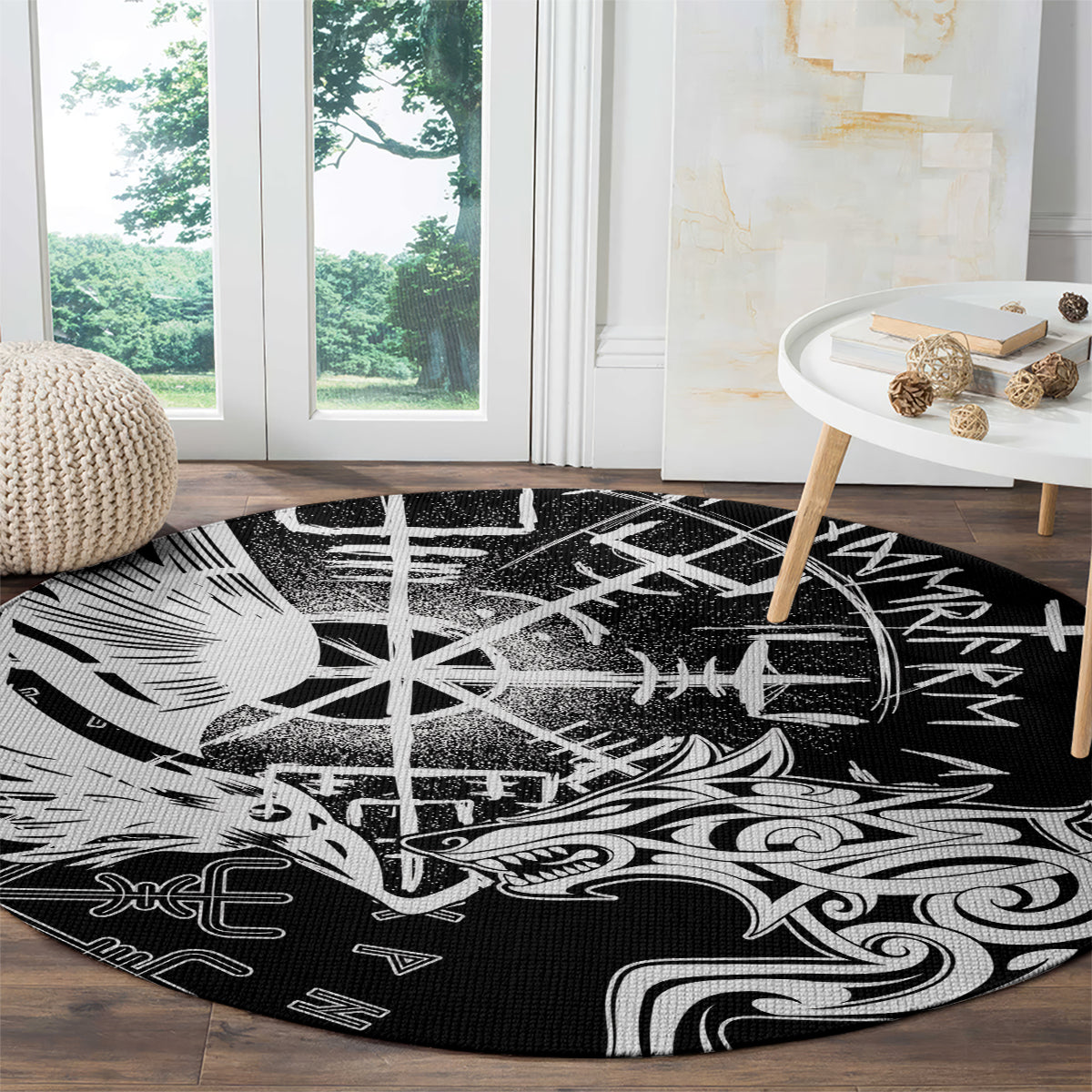 Vikings Raven and Wolf Round Carpet with Aegishjalmur Unique
