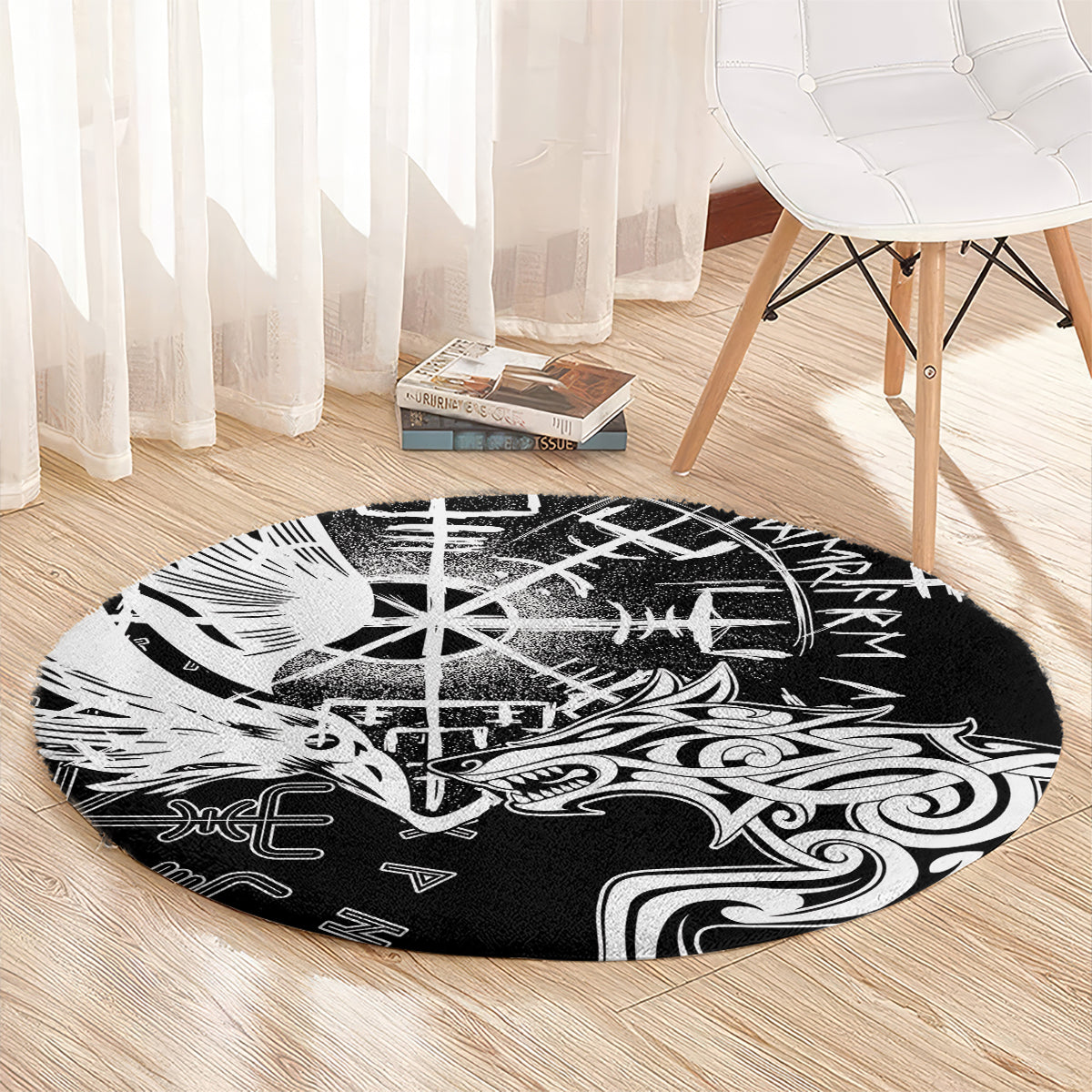 Vikings Raven and Wolf Round Carpet with Aegishjalmur Unique
