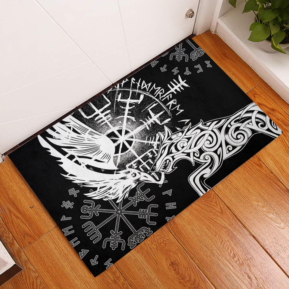 Vikings Raven and Wolf Rubber Doormat with Aegishjalmur Unique