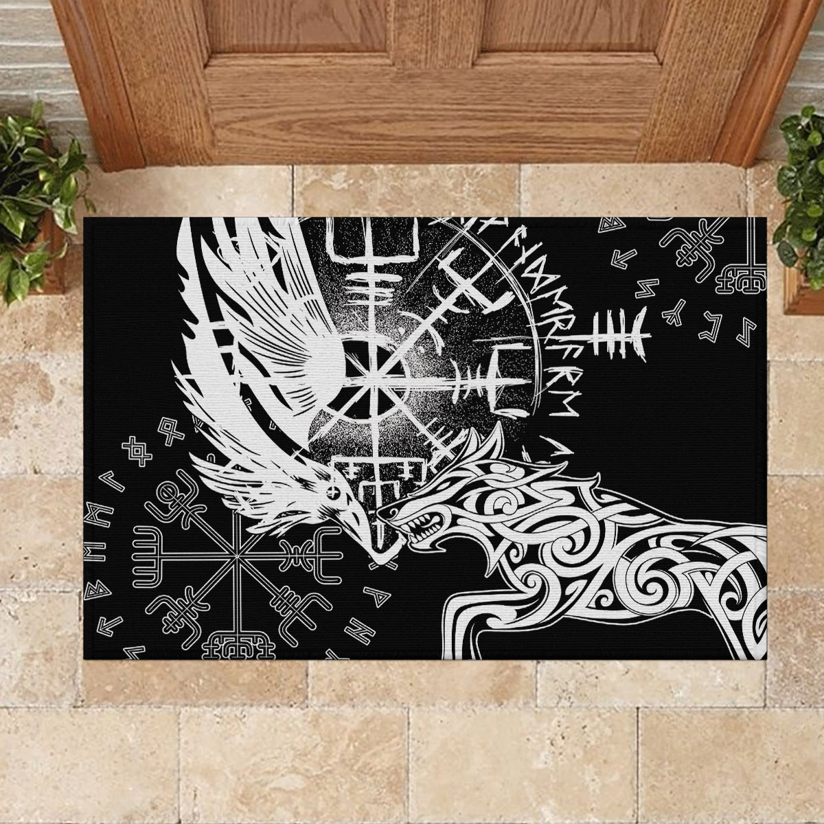 Vikings Raven and Wolf Rubber Doormat with Aegishjalmur Unique - Wonder Print Shop