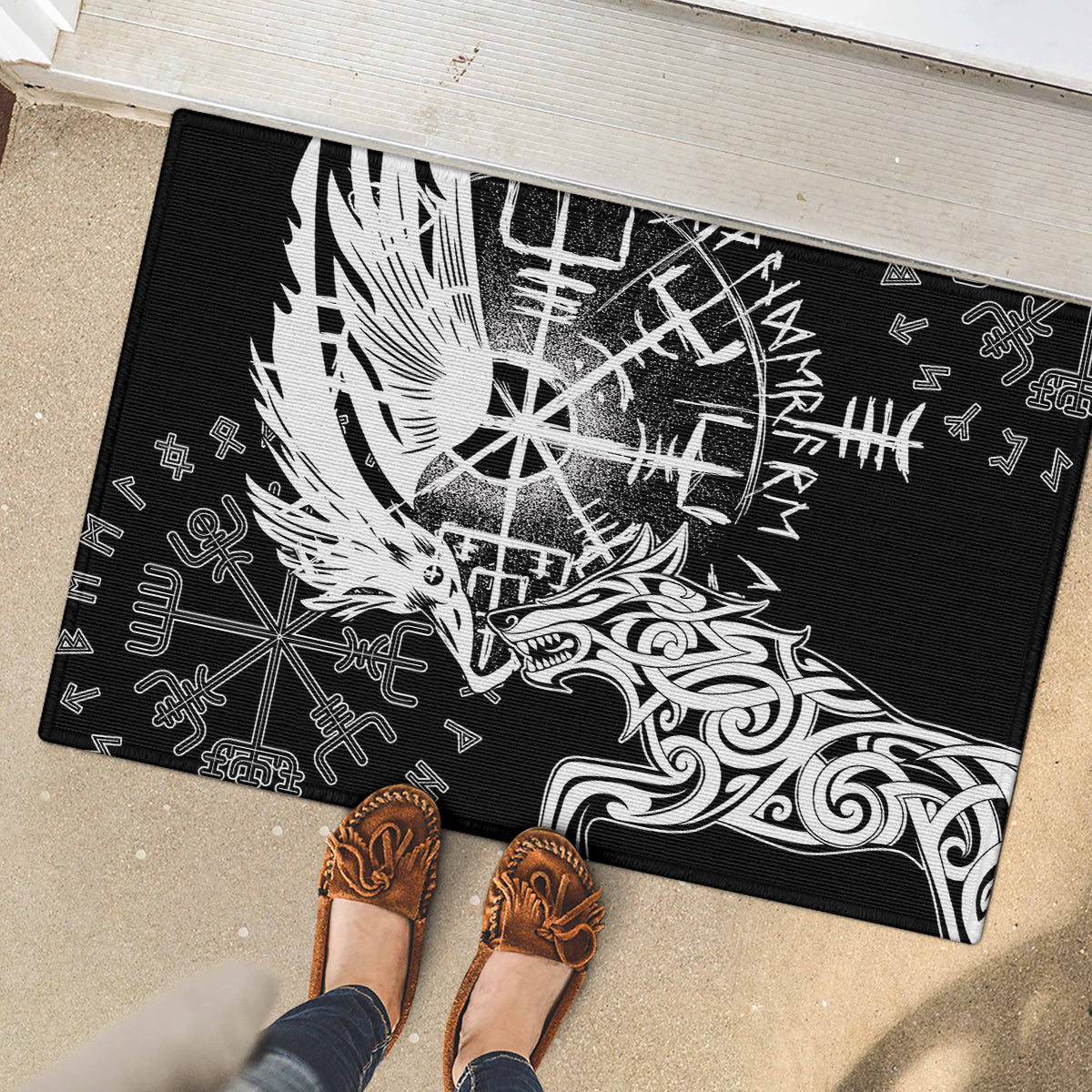 Vikings Raven and Wolf Rubber Doormat with Aegishjalmur Unique - Wonder Print Shop