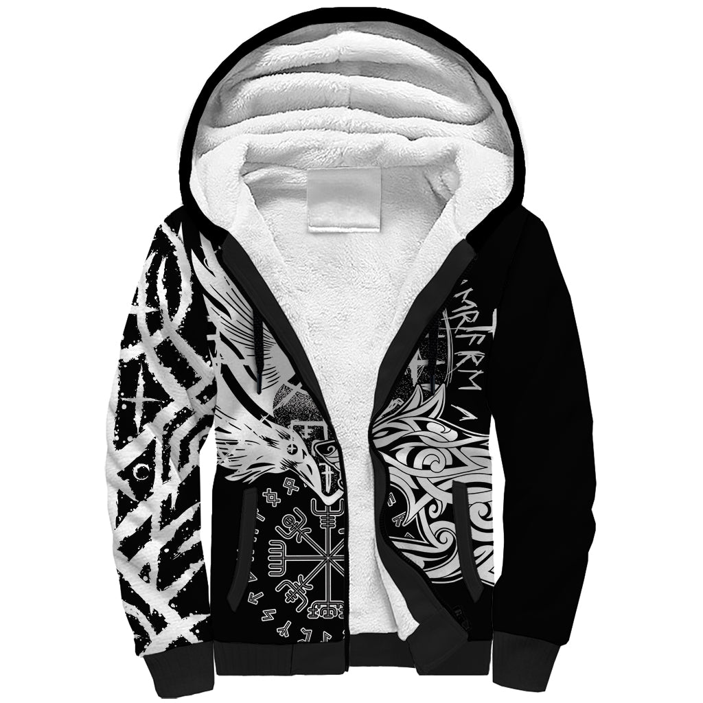 Vikings Raven and Wolf Sherpa Hoodie with Aegishjalmur Unique - Wonder Print Shop