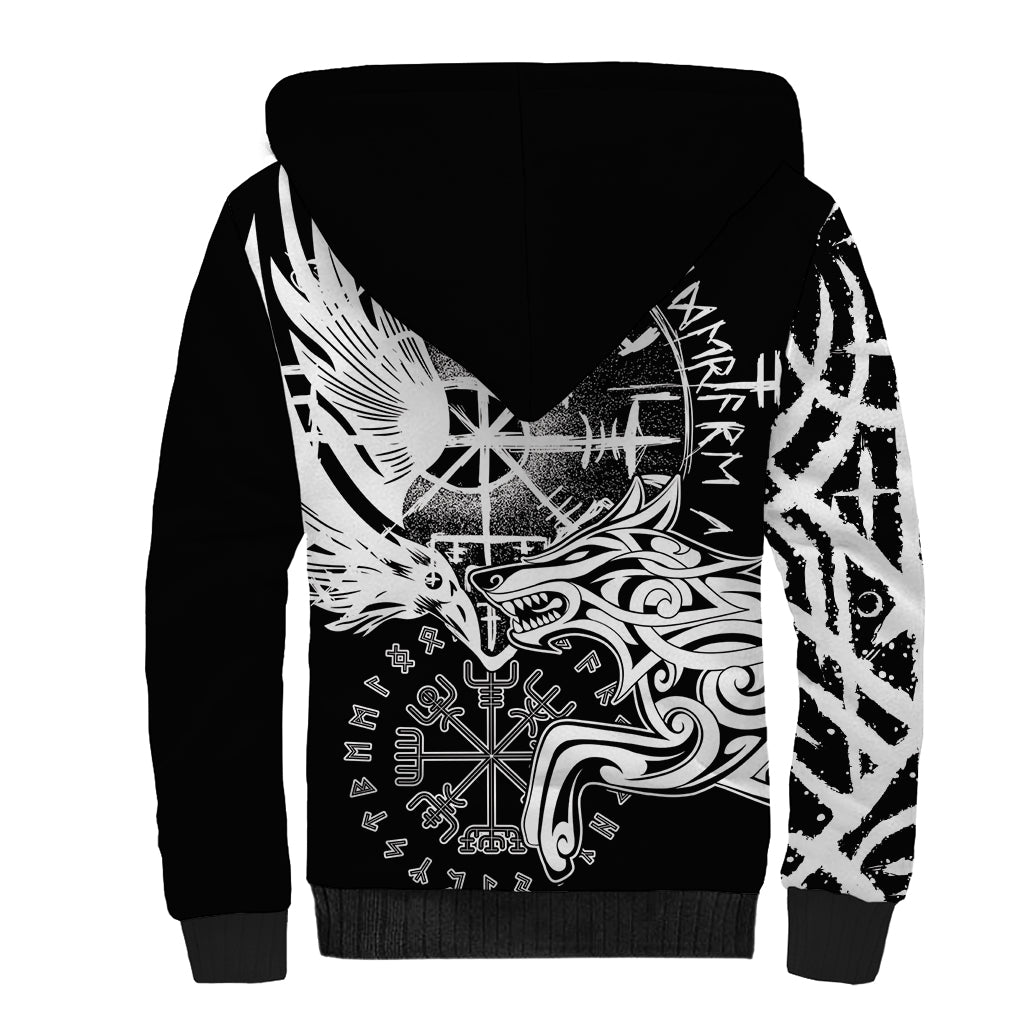 Vikings Raven and Wolf Sherpa Hoodie with Aegishjalmur Unique - Wonder Print Shop