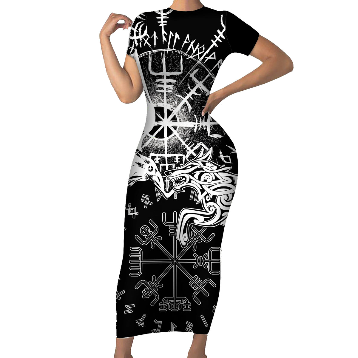 Vikings Raven and Wolf Short Sleeve Bodycon Dress with Aegishjalmur Unique - Wonder Print Shop
