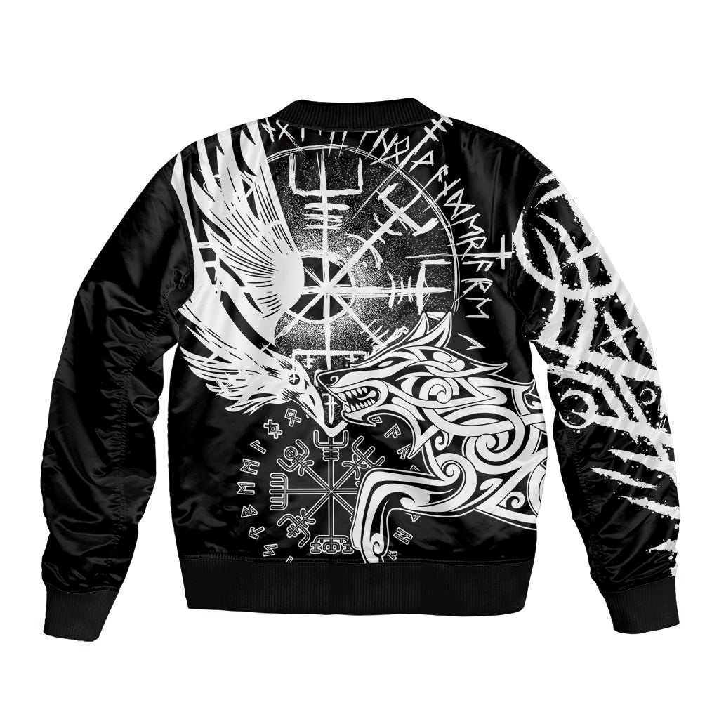 Vikings Raven and Wolf Sleeve Zip Bomber Jacket with Aegishjalmur Unique - Wonder Print Shop
