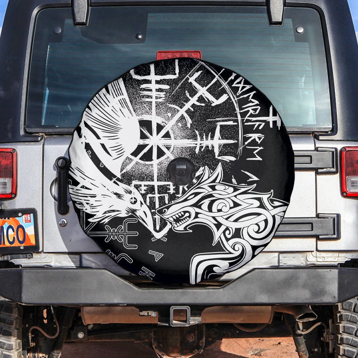 Vikings Raven and Wolf Spare Tire Cover with Aegishjalmur Unique