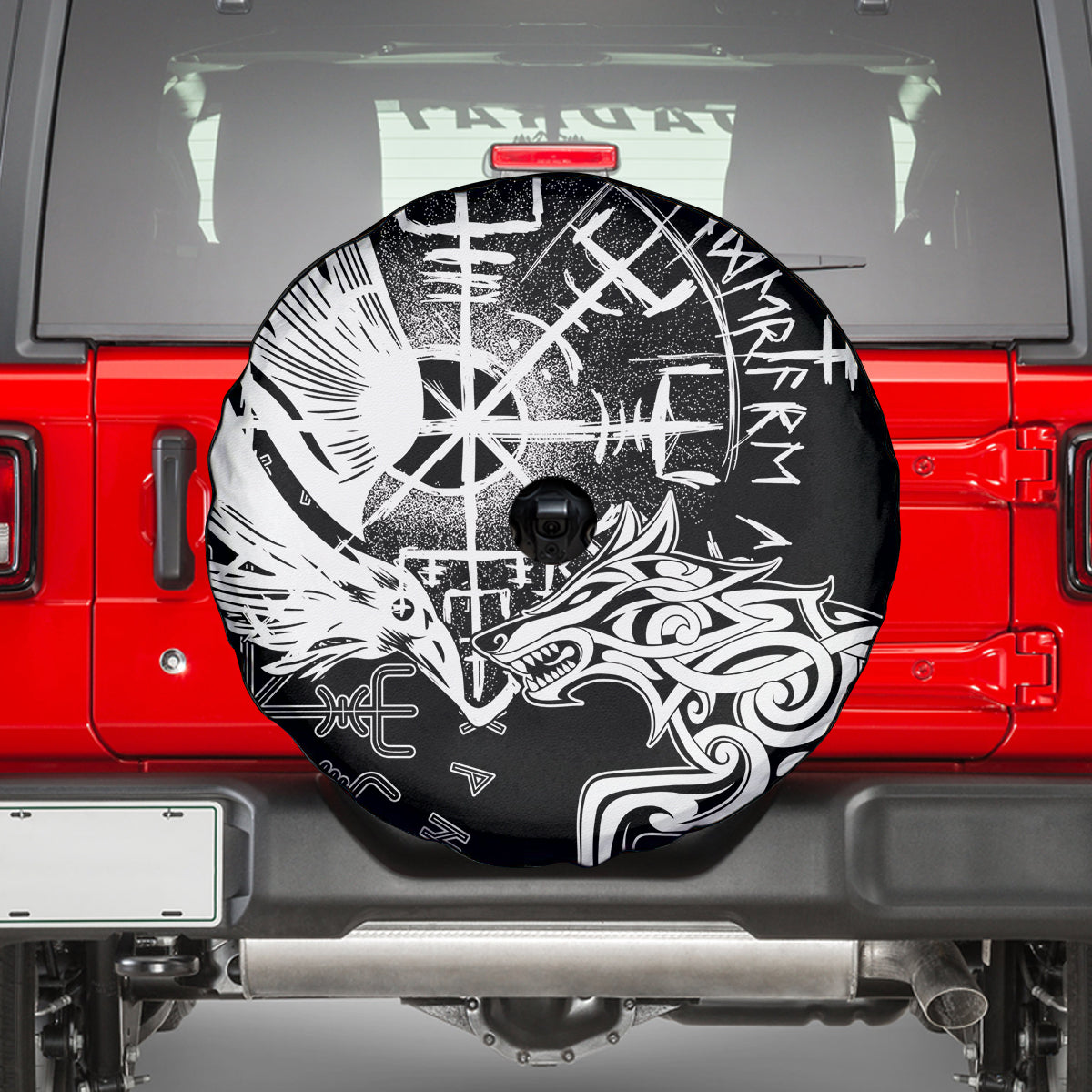 Vikings Raven and Wolf Spare Tire Cover with Aegishjalmur Unique - Wonder Print Shop