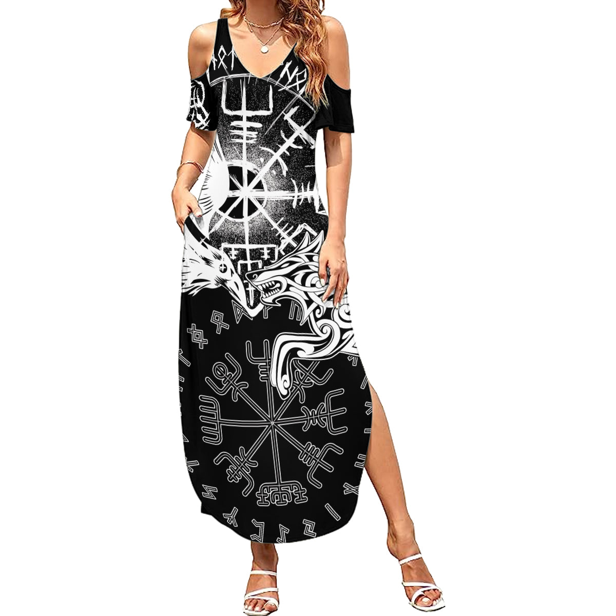 Vikings Raven and Wolf Summer Maxi Dress with Aegishjalmur Unique - Wonder Print Shop
