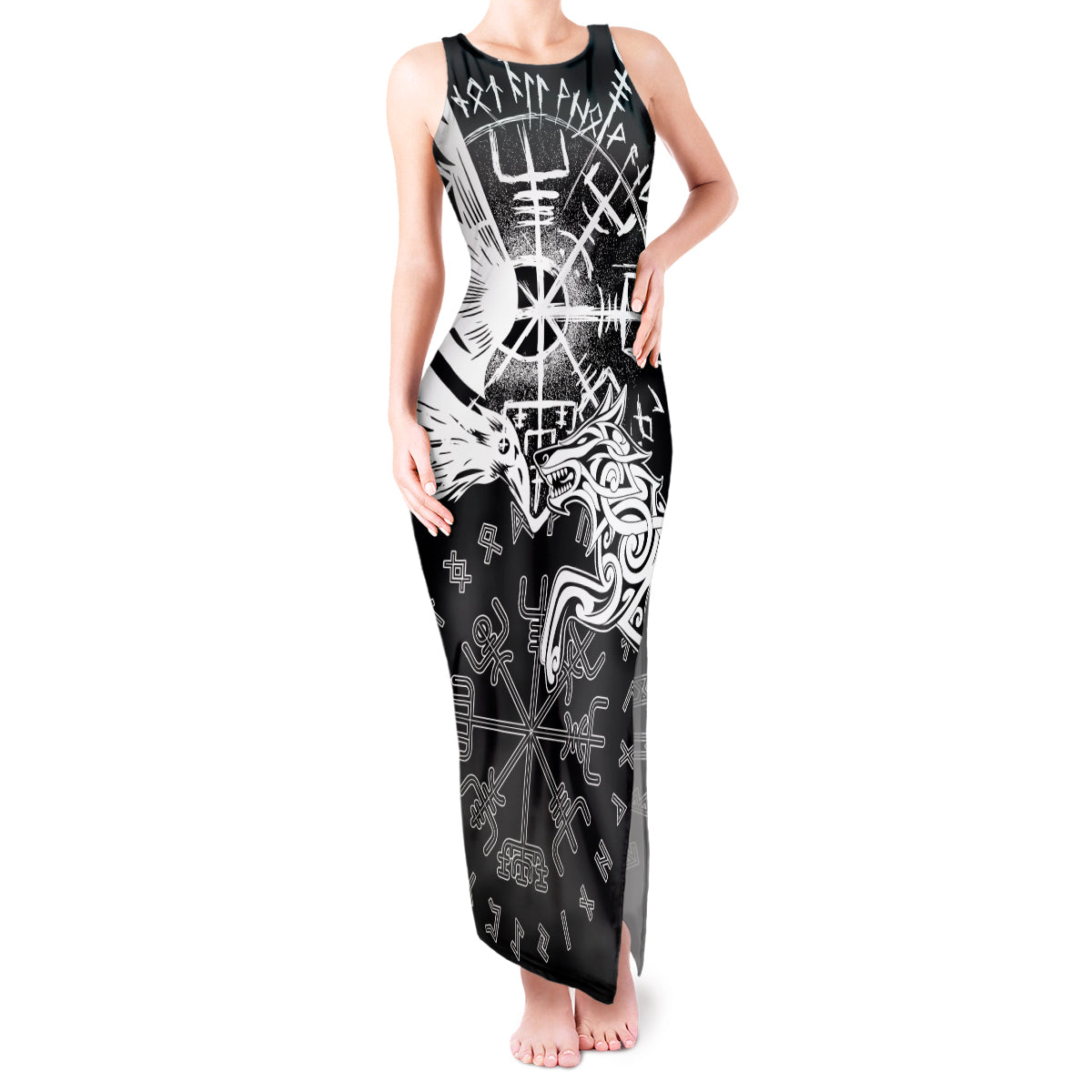 Vikings Raven and Wolf Tank Maxi Dress with Aegishjalmur Unique - Wonder Print Shop