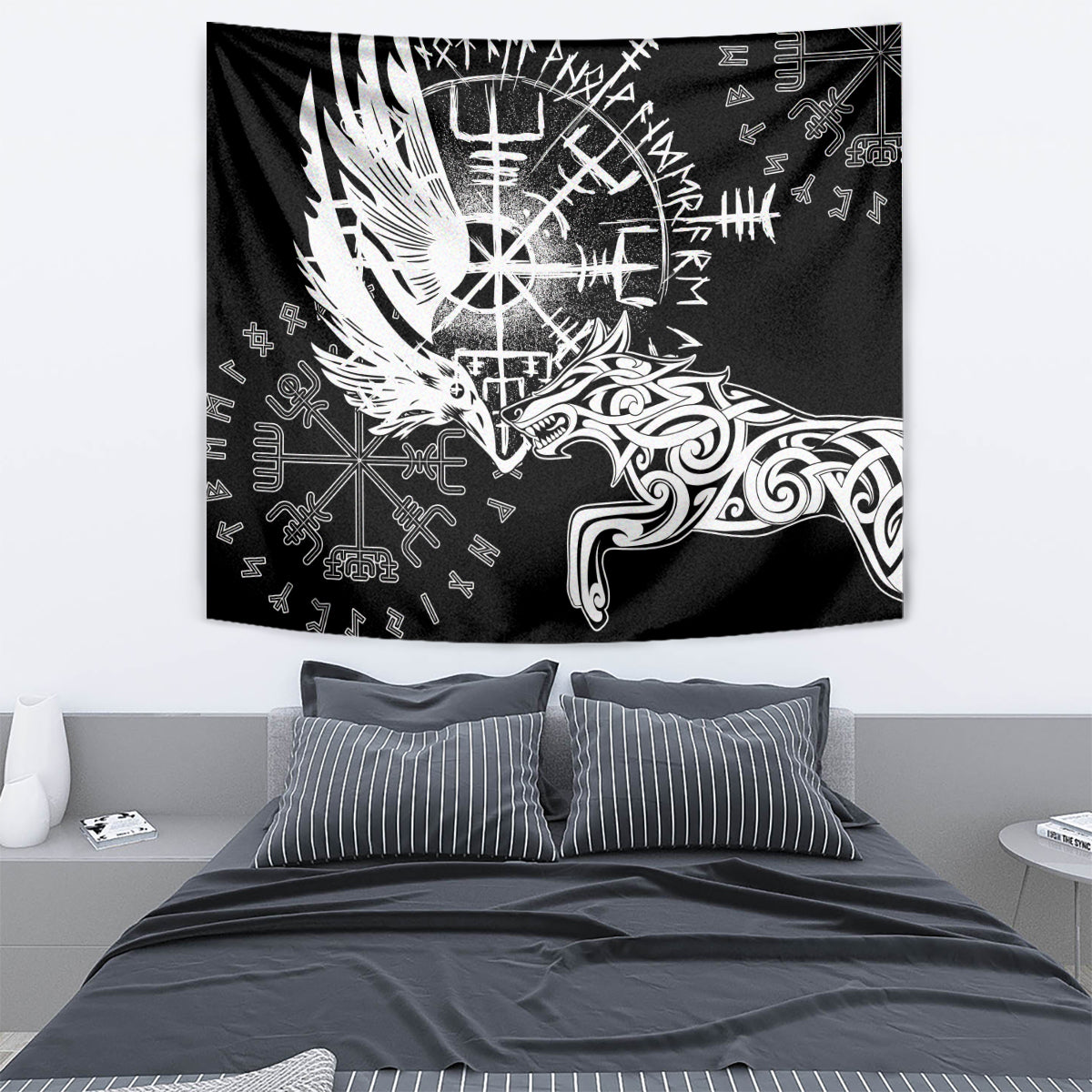 Vikings Raven and Wolf Tapestry with Aegishjalmur Unique - Wonder Print Shop