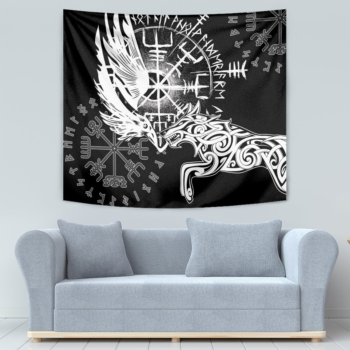 Vikings Raven and Wolf Tapestry with Aegishjalmur Unique - Wonder Print Shop