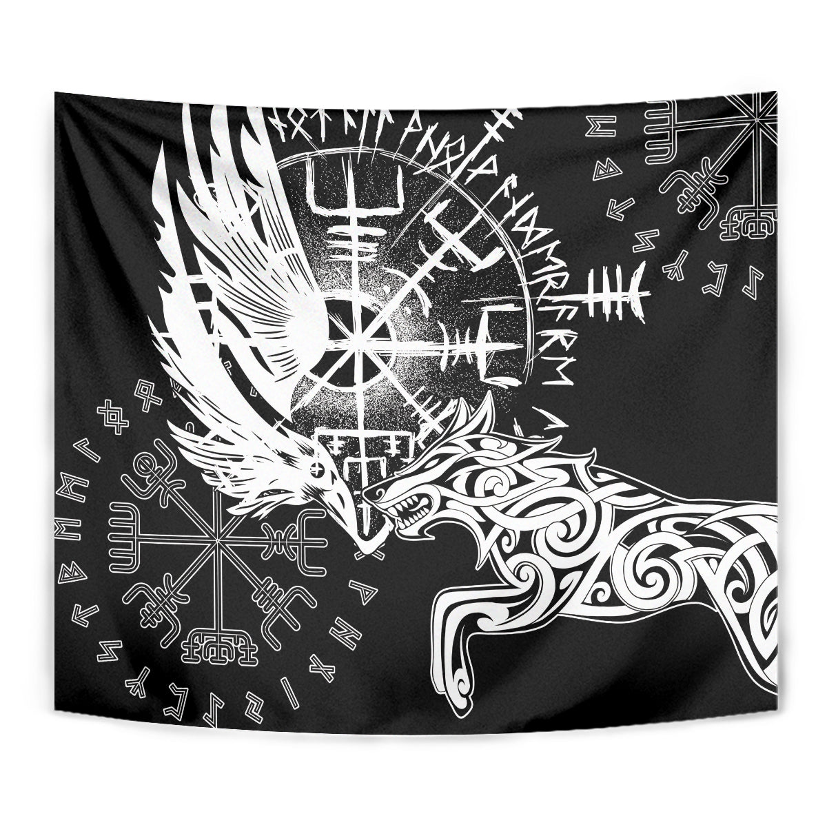 Vikings Raven and Wolf Tapestry with Aegishjalmur Unique - Wonder Print Shop