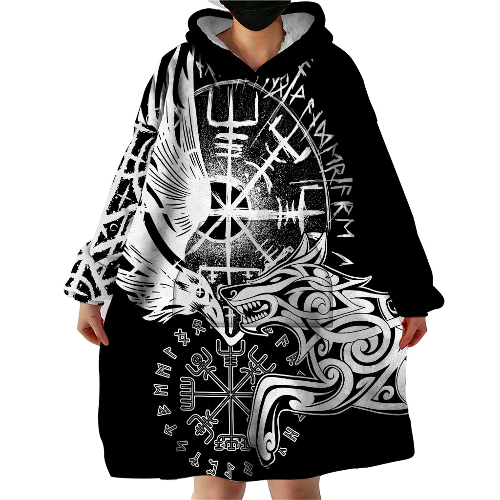 Vikings Raven and Wolf Wearable Blanket Hoodie with Aegishjalmur Unique - Wonder Print Shop