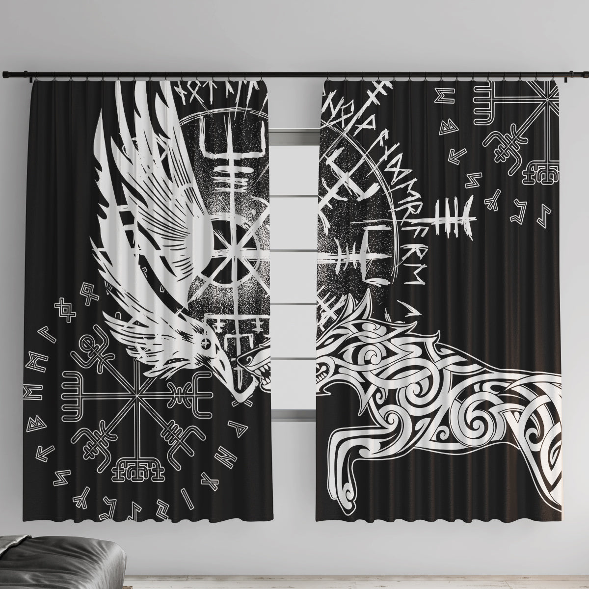 Vikings Raven and Wolf Window Curtain with Aegishjalmur Unique - Wonder Print Shop