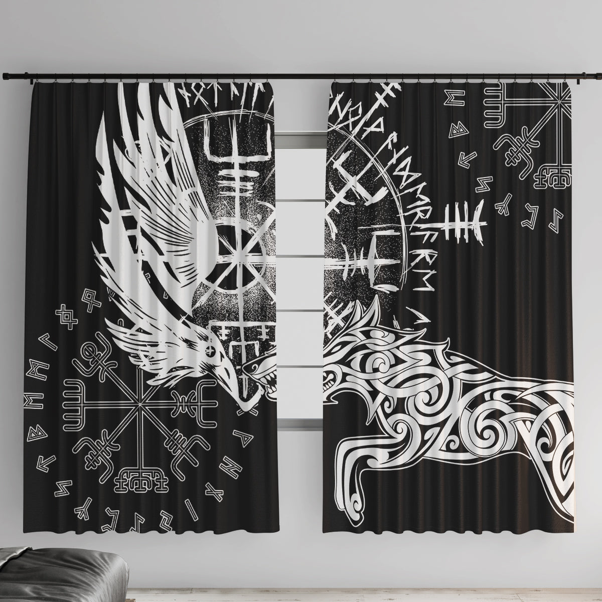 Vikings Raven and Wolf Window Curtain with Aegishjalmur Unique