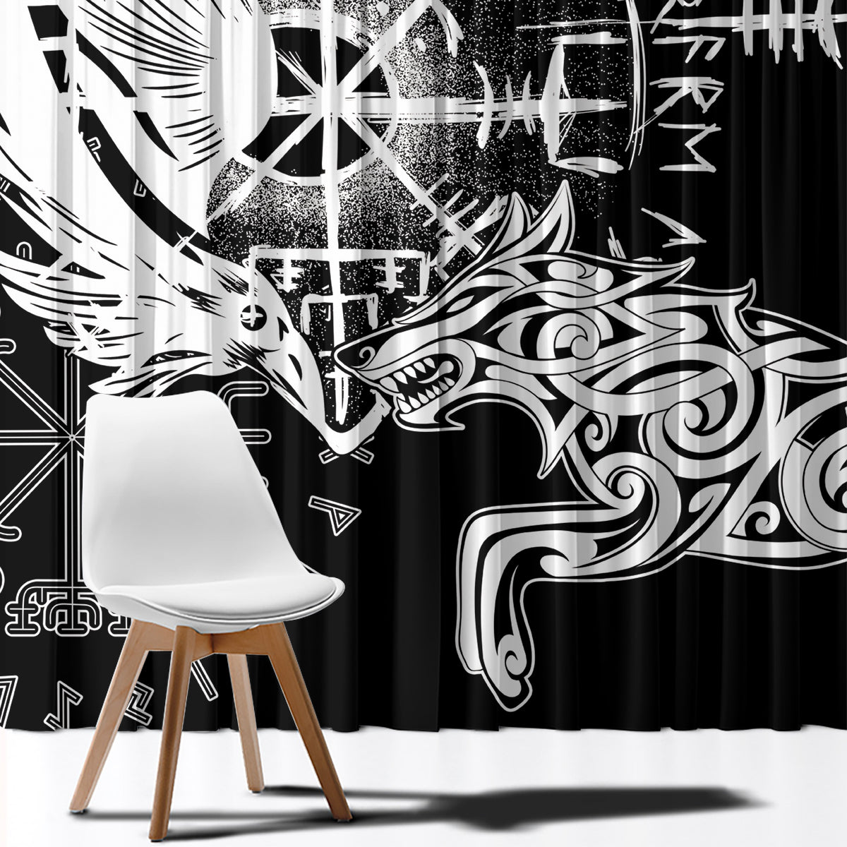 Vikings Raven and Wolf Window Curtain with Aegishjalmur Unique - Wonder Print Shop