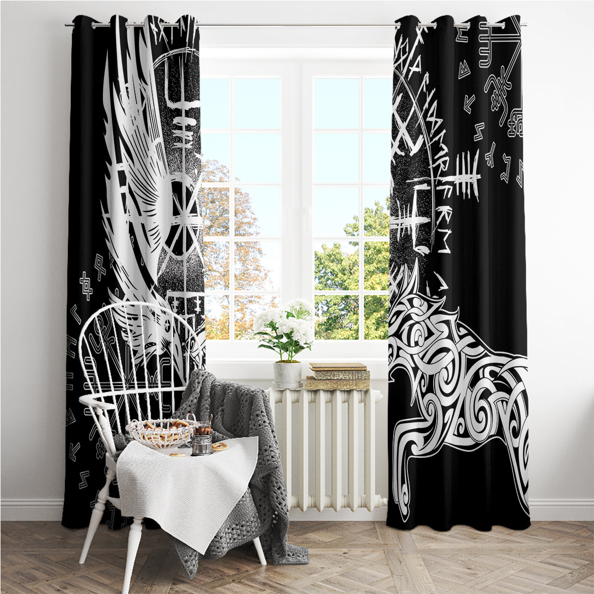Vikings Raven and Wolf Window Curtain with Aegishjalmur Unique - Wonder Print Shop