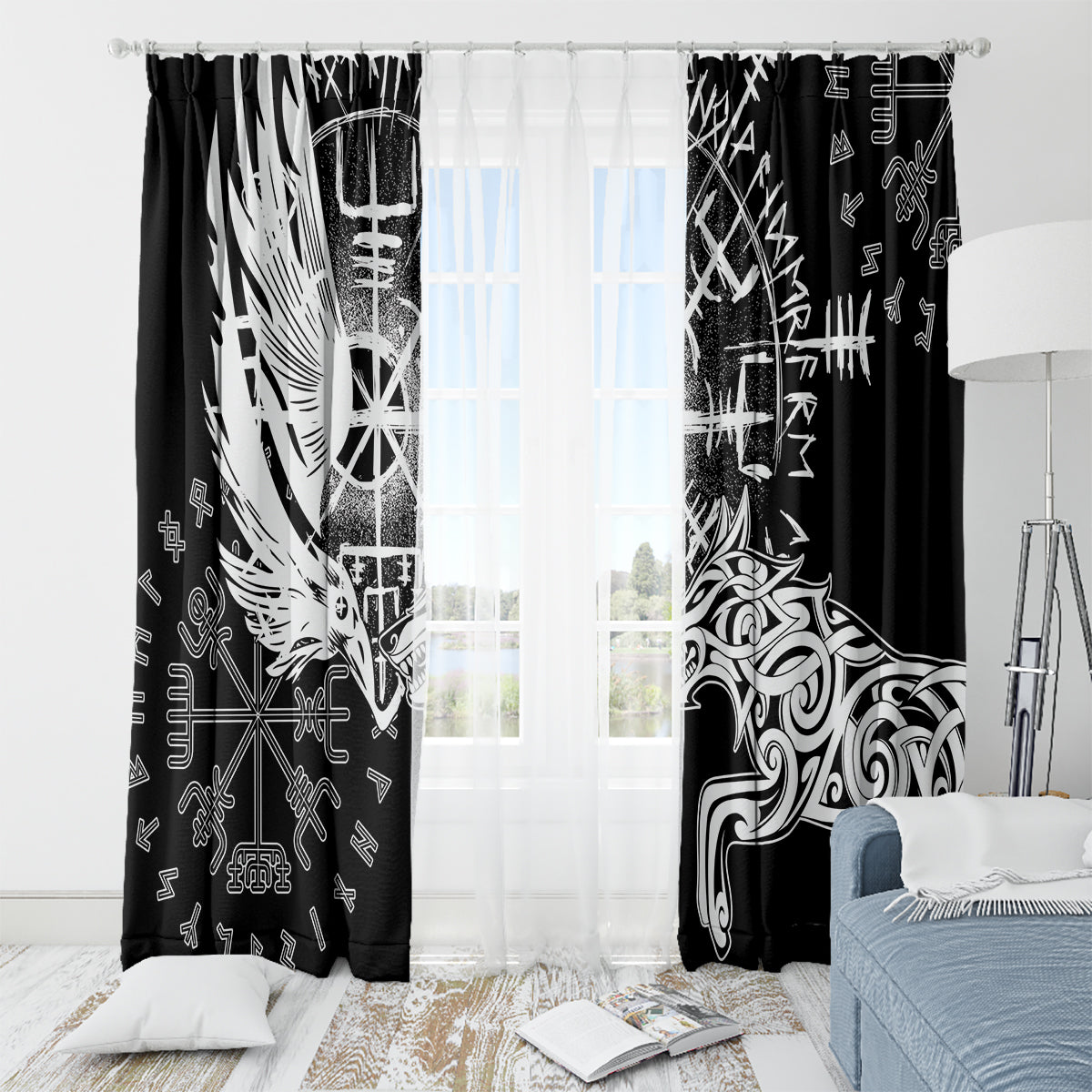 Vikings Raven and Wolf Window Curtain with Aegishjalmur Unique - Wonder Print Shop