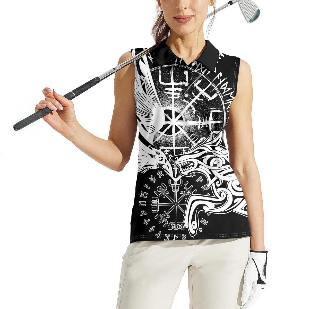 Vikings Raven and Wolf Women Sleeveless Polo Shirt with Aegishjalmur Unique - Wonder Print Shop