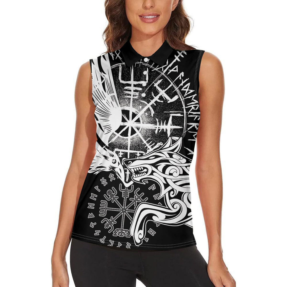 Vikings Raven and Wolf Women Sleeveless Polo Shirt with Aegishjalmur Unique - Wonder Print Shop