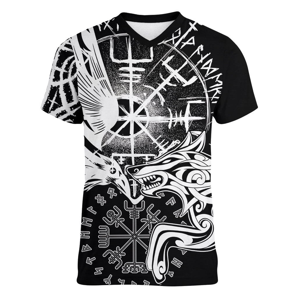 Vikings Raven and Wolf Women V-Neck T-Shirt with Aegishjalmur Unique - Wonder Print Shop