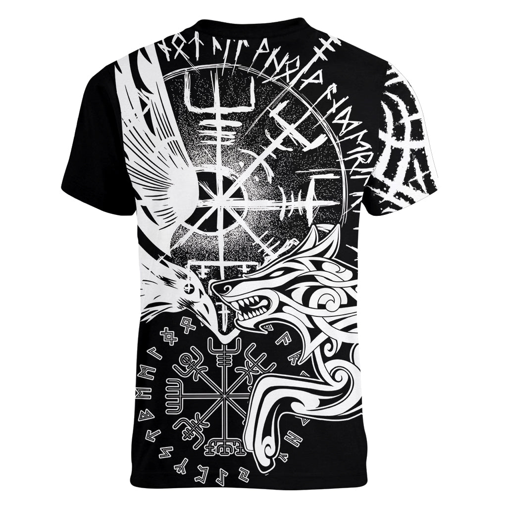 Vikings Raven and Wolf Women V-Neck T-Shirt with Aegishjalmur Unique - Wonder Print Shop