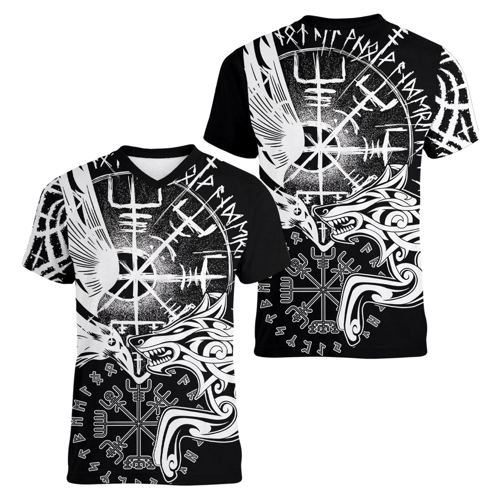 Vikings Raven and Wolf Women V-Neck T-Shirt with Aegishjalmur Unique - Wonder Print Shop