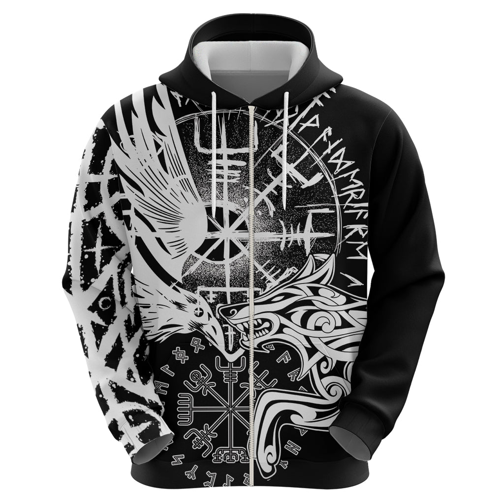 Vikings Raven and Wolf Zip Hoodie with Aegishjalmur Unique - Wonder Print Shop