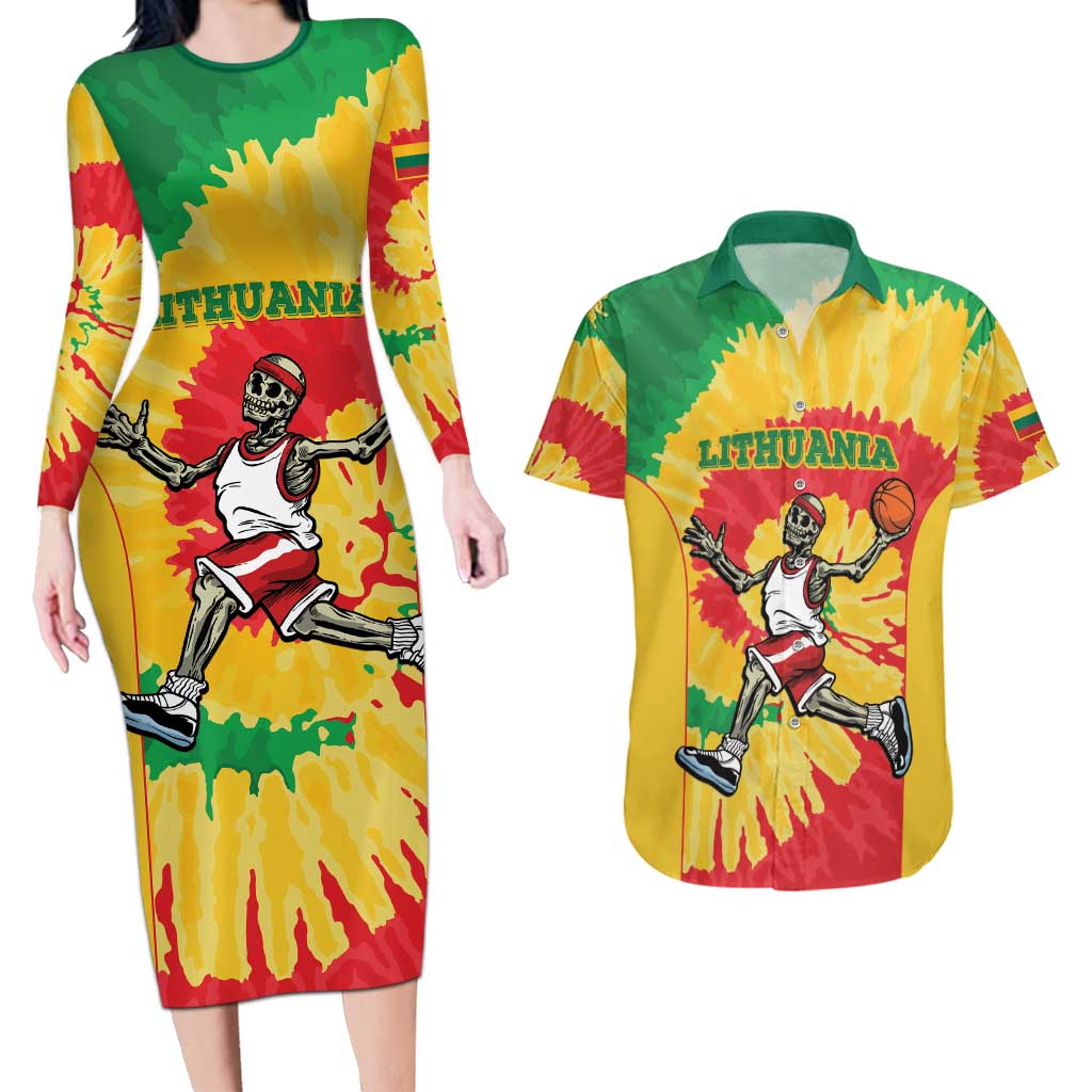 Lithuania Basketball Skeleton Personalized Couples Matching Long Sleeve Bodycon Dress and Hawaiian Shirt Skullman Lithuania Tie Dye
