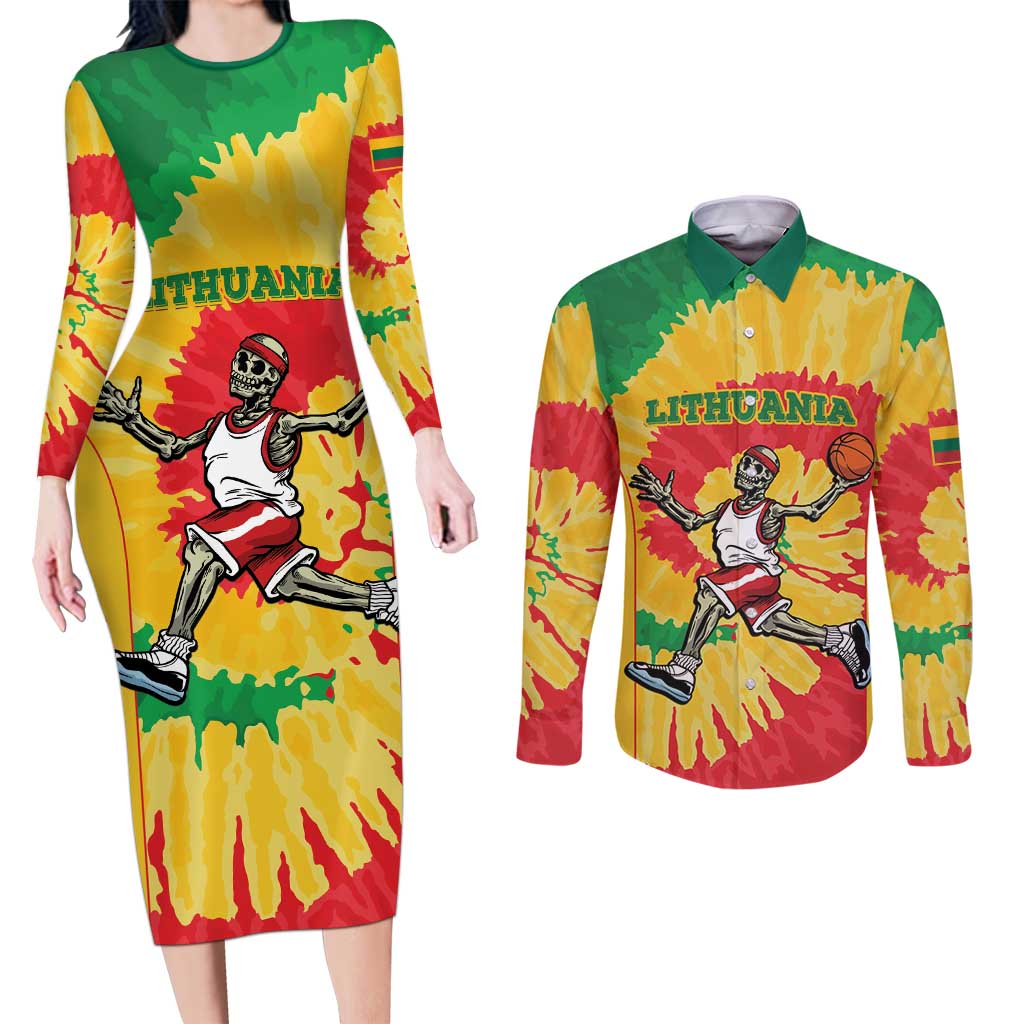 Lithuania Basketball Skeleton Personalized Couples Matching Long Sleeve Bodycon Dress and Long Sleeve Button Shirt Skullman Lithuania Tie Dye