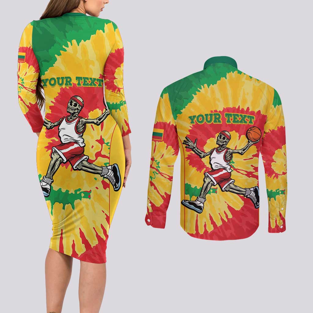 Lithuania Basketball Skeleton Personalized Couples Matching Long Sleeve Bodycon Dress and Long Sleeve Button Shirt Skullman Lithuania Tie Dye