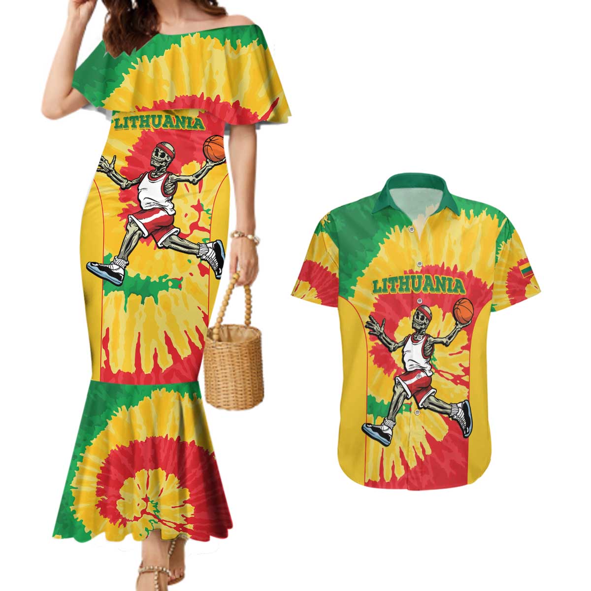 Lithuania Basketball Skeleton Personalized Couples Matching Mermaid Dress and Hawaiian Shirt Skullman Lithuania Tie Dye