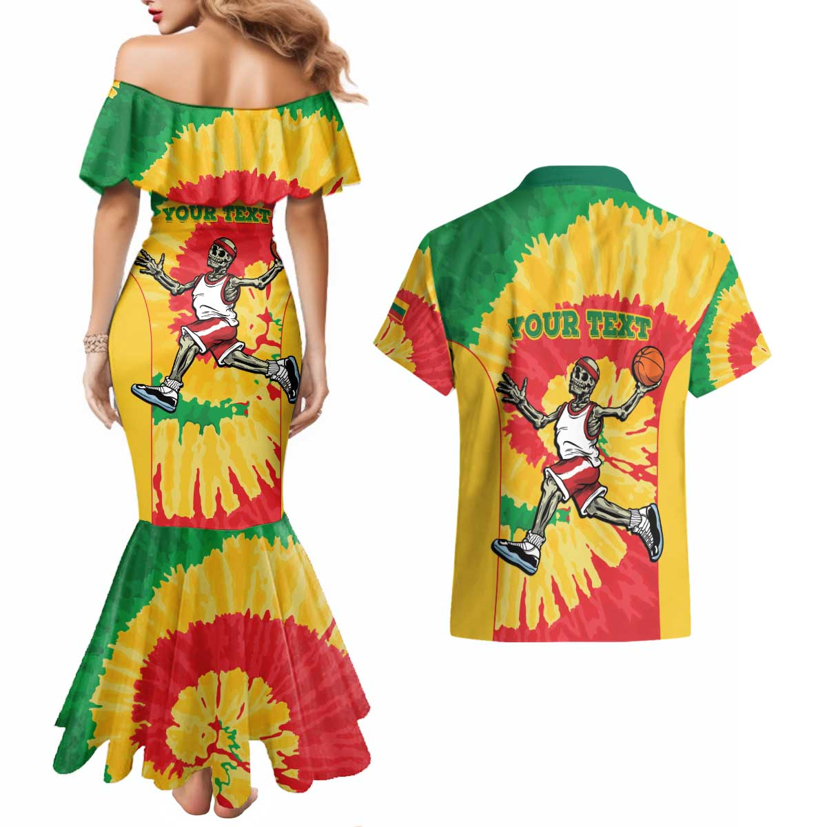 Lithuania Basketball Skeleton Personalized Couples Matching Mermaid Dress and Hawaiian Shirt Skullman Lithuania Tie Dye