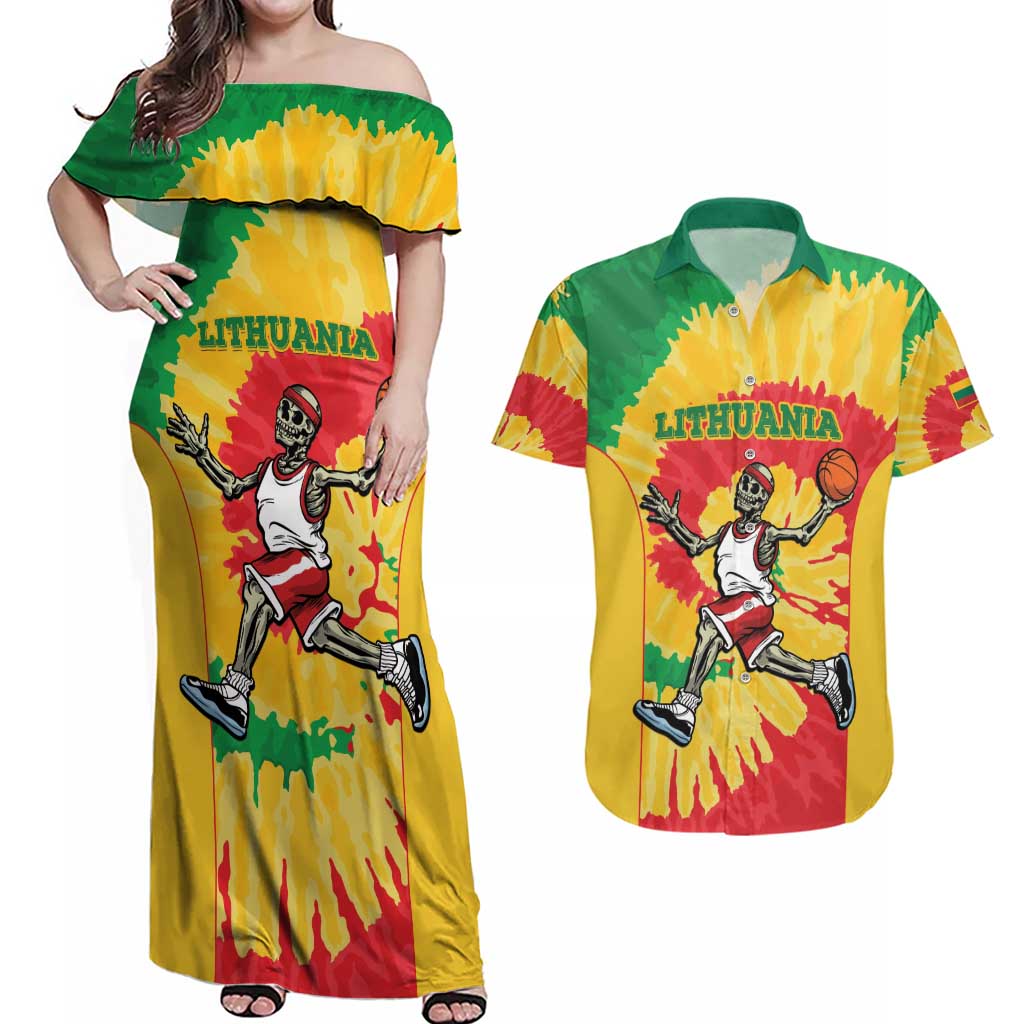 Lithuania Basketball Skeleton Personalized Couples Matching Off Shoulder Maxi Dress and Hawaiian Shirt Skullman Lithuania Tie Dye