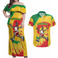 Lithuania Basketball Skeleton Personalized Couples Matching Off Shoulder Maxi Dress and Hawaiian Shirt Skullman Lithuania Tie Dye