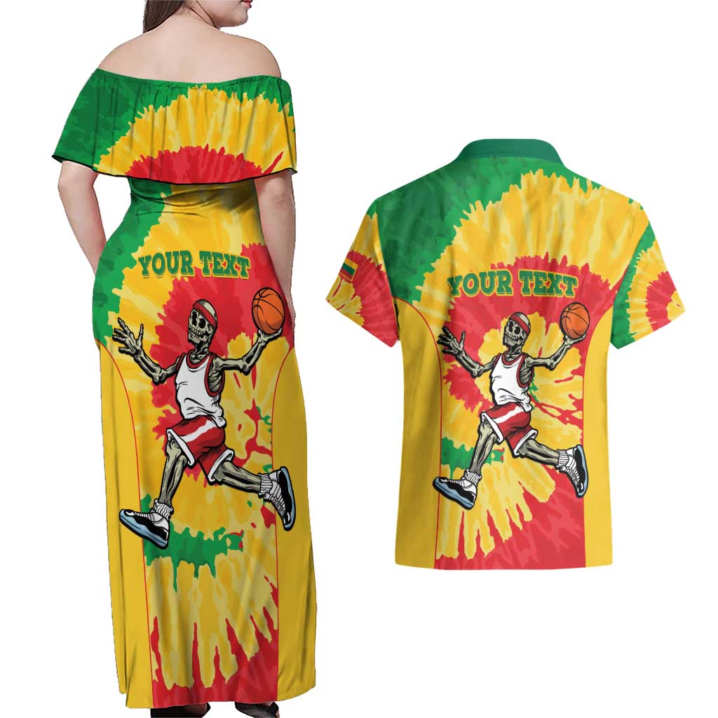 Lithuania Basketball Skeleton Personalized Couples Matching Off Shoulder Maxi Dress and Hawaiian Shirt Skullman Lithuania Tie Dye