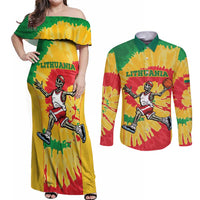 Lithuania Basketball Skeleton Personalized Couples Matching Off Shoulder Maxi Dress and Long Sleeve Button Shirt Skullman Lithuania Tie Dye