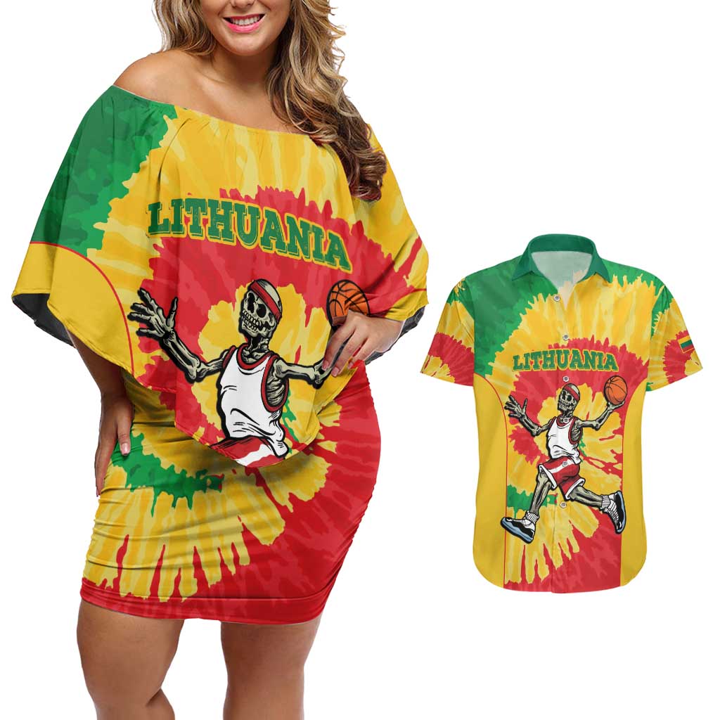 Lithuania Basketball Skeleton Personalized Couples Matching Off Shoulder Short Dress and Hawaiian Shirt Skullman Lithuania Tie Dye