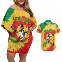Lithuania Basketball Skeleton Personalized Couples Matching Off Shoulder Short Dress and Hawaiian Shirt Skullman Lithuania Tie Dye