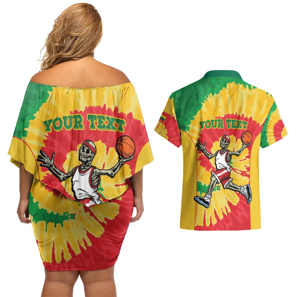 Lithuania Basketball Skeleton Personalized Couples Matching Off Shoulder Short Dress and Hawaiian Shirt Skullman Lithuania Tie Dye