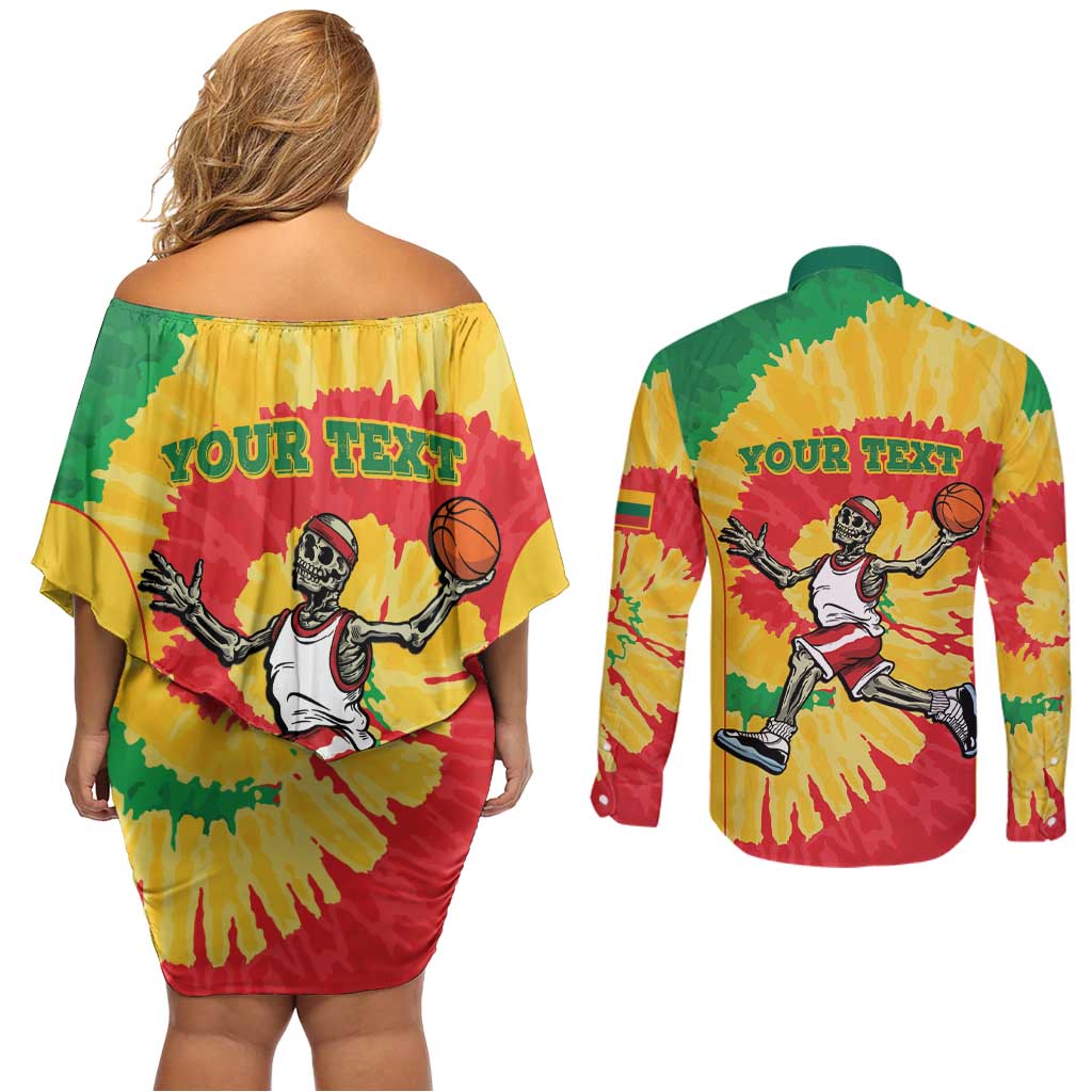 Lithuania Basketball Skeleton Personalized Couples Matching Off Shoulder Short Dress and Long Sleeve Button Shirt Skullman Lithuania Tie Dye
