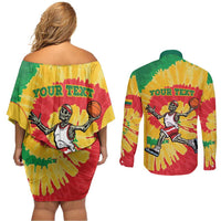 Lithuania Basketball Skeleton Personalized Couples Matching Off Shoulder Short Dress and Long Sleeve Button Shirt Skullman Lithuania Tie Dye